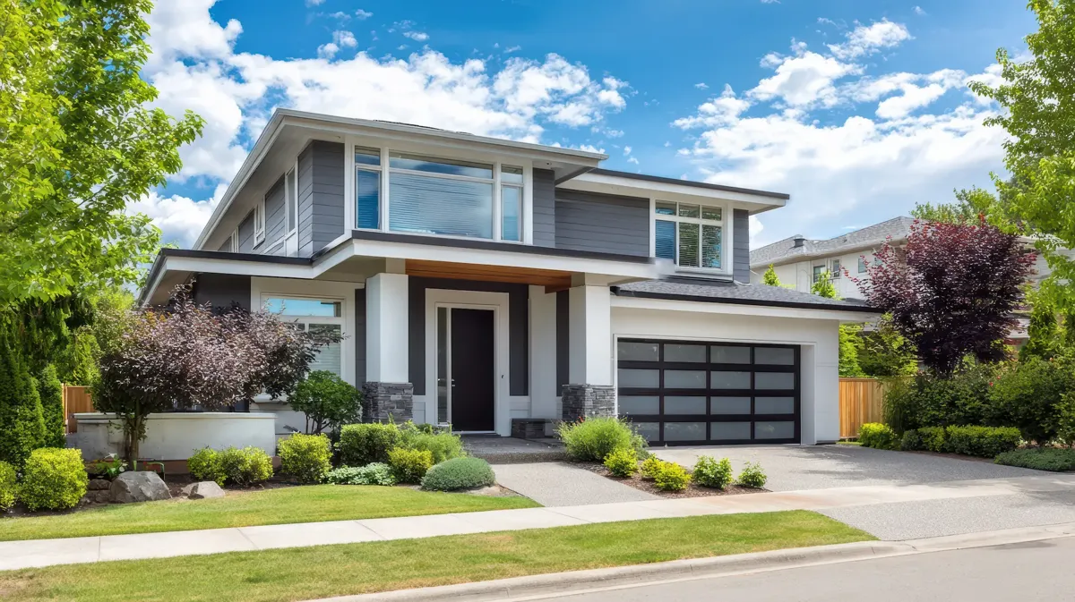 Illustrative gray suburban home with a landscaped front garden